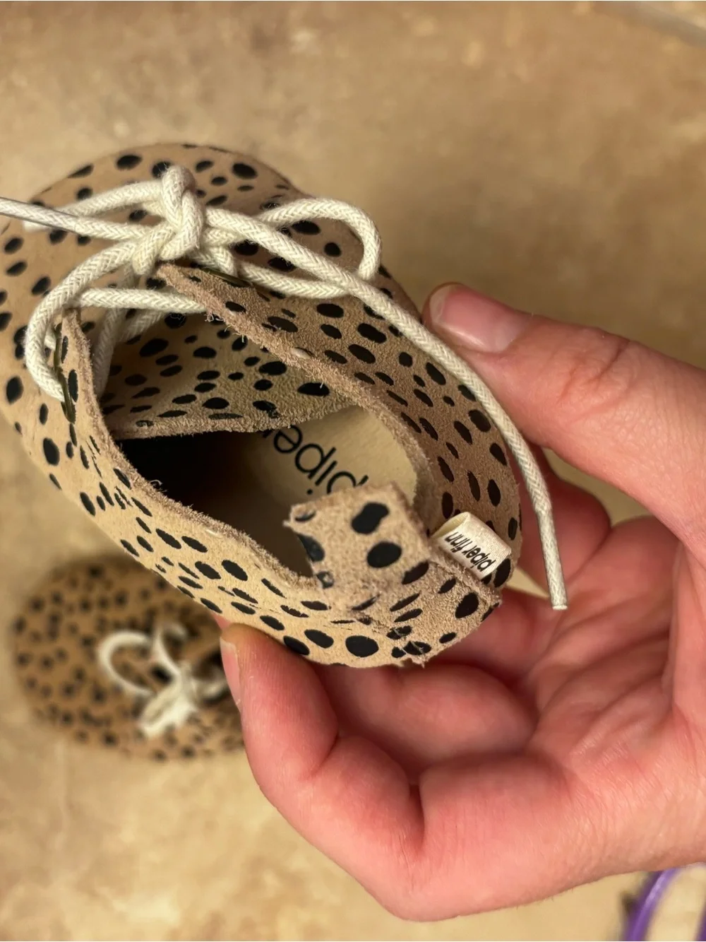 Baby Walker Suede Lace-Up Shoes in Brown with Black Dots